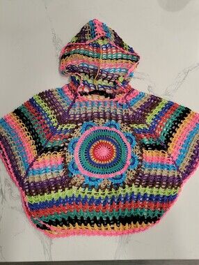 Bohemian Rainbow Crochet Hooded Poncho Girls Size 9-11